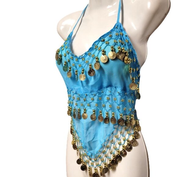 Blue Belly Dancing Top Crocheted with Gold Beads Coins Halter Crop Top - Picture 2 of 6